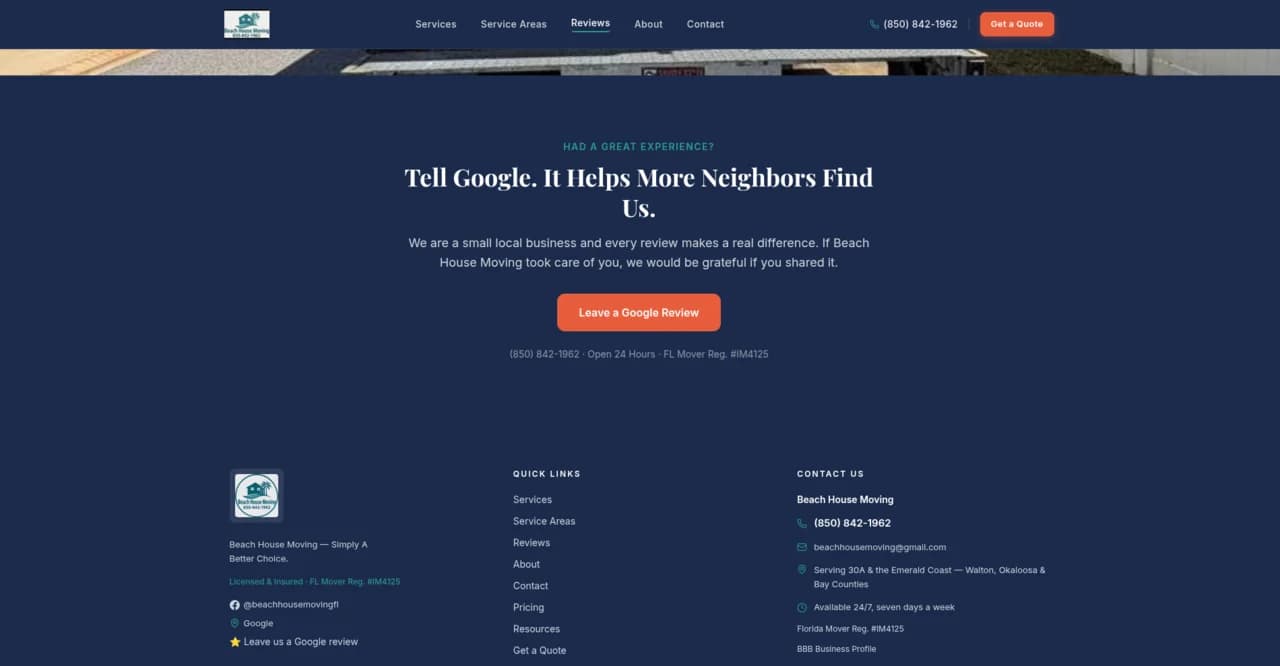 Beach House Moving Google-review call-to-action and footer