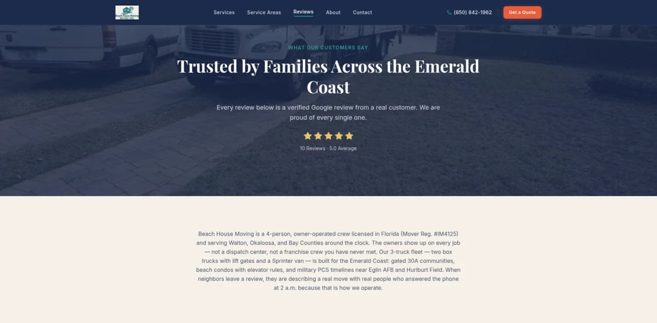 Beach House Moving 'Trusted by Families' reviews section